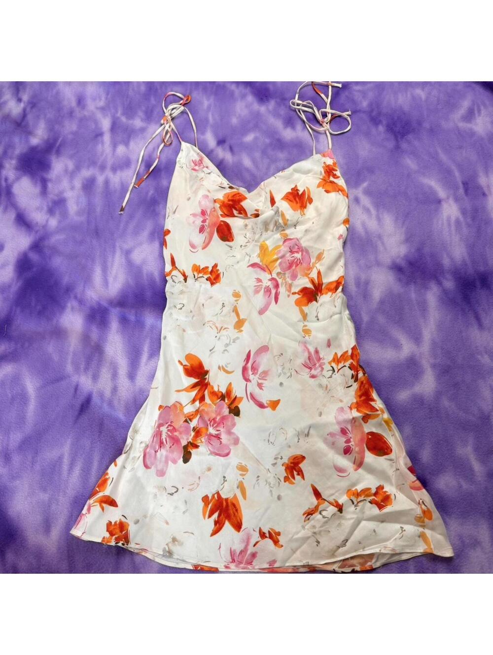 Zara white floral mini cowl neck satin dress with tie strap detail